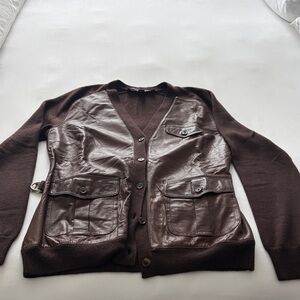 Ralph Lauren Brown Leather-Trim Cardigan